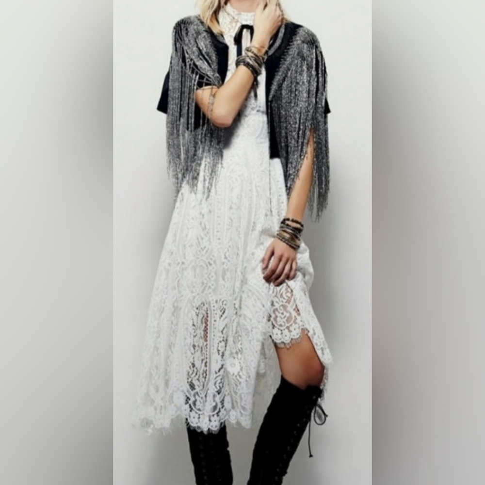 Free People Sleeveless Angel Rays Illusion Floral Lace Midi Trapeze Dress - Picture 9 of 11
